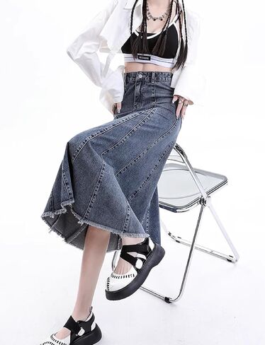 Denim Maxi Skirt - High Waist A-line Cut with Patchwork Design in Saudi Arabia
