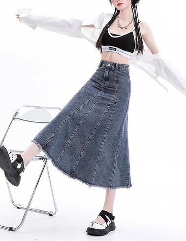 Denim Maxi Skirt - High Waist A-line Cut with Patchwork Design in Saudi Arabia