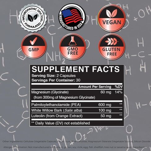 Palmitoylethanolamide (Pea) 600mg - Third Party Tested - with Luteolin, White Willow Bark, Magnesium - Supports Healthy Immune & Nervous Systems, Joints & Sciatic Nerve Relief - 60 Vegan Capsules in Saudi Arabia