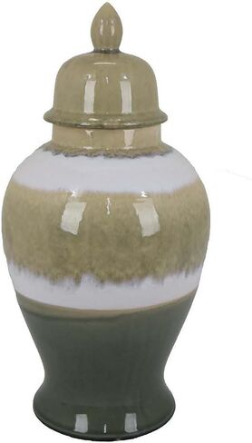 برطمان معبد Benjara Pril مقاس 20 بوصة بخطوط نظيفة، سيراميك، لمسة نهائية، بني، أخضر وأبيض in Kuwait