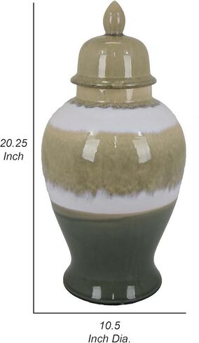 برطمان معبد Benjara Pril مقاس 20 بوصة بخطوط نظيفة، سيراميك، لمسة نهائية، بني، أخضر وأبيض in Kuwait