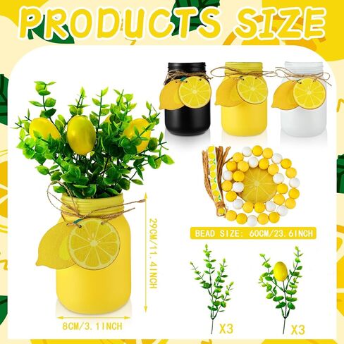 3 قطع ديكور مطبخ ليمون وإكسسوارات قطع مركزية لطاولة المزرعة الصيفية مع نباتات وهمية، علامة ليمون خشبية، إكليل من الخرز الخشبي لديكور صينية متدرجة للمنزل والطاولة in Kuwait
