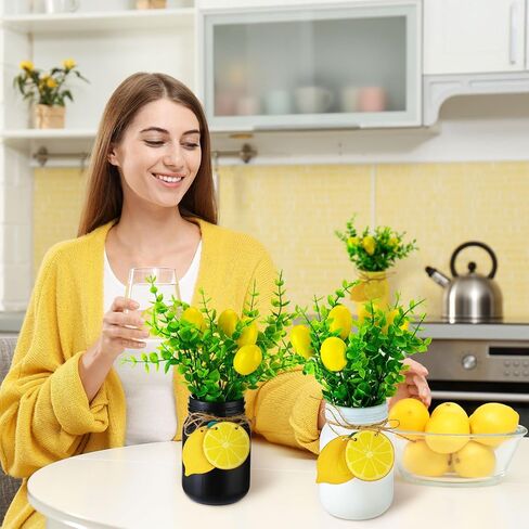 3 قطع ديكور مطبخ ليمون وإكسسوارات قطع مركزية لطاولة المزرعة الصيفية مع نباتات وهمية، علامة ليمون خشبية، إكليل من الخرز الخشبي لديكور صينية متدرجة للمنزل والطاولة in Kuwait