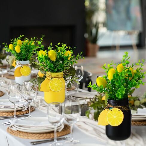 3 قطع ديكور مطبخ ليمون وإكسسوارات قطع مركزية لطاولة المزرعة الصيفية مع نباتات وهمية، علامة ليمون خشبية، إكليل من الخرز الخشبي لديكور صينية متدرجة للمنزل والطاولة in Kuwait