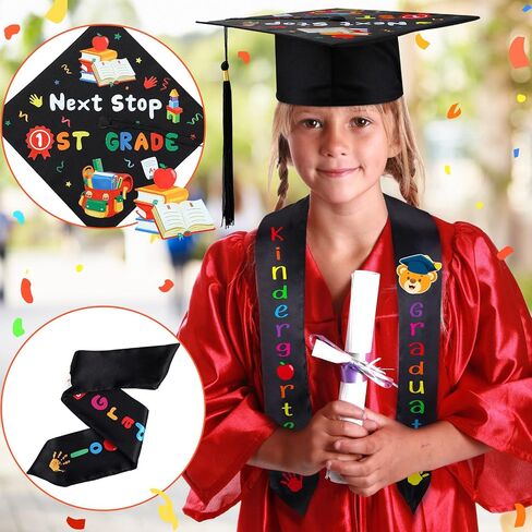 Jetec 2024 Kindergarten Graduation Cap and Printed Graduation Stole Sash Preschool Kindergarten Graduation Gifts for Kids(Black Sash, Stylish Style) in Saudi Arabia