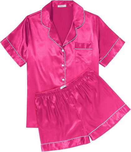 Ekouaer Womens Silk Satin Pajama Sets Soft Short Sleeve Button Down Sleepwear Top and Shorts 2 Piece Pjs Lounge Set S-XXL in Saudi Arabia
