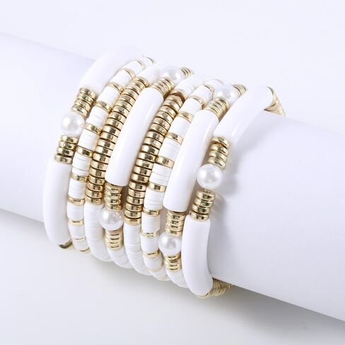 سوار حبة الطين للنساء، 8 قطع أساور بريبي كومة الإسورة أساور الخيزران أنبوب هيشي الخرز أساور مكتنزة للفتيات in Kuwait