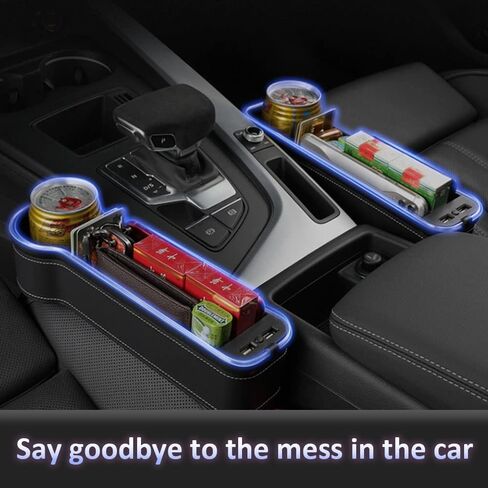 صندوق تخزين منظم لحشو فجوات مقعد السيارة العالمي من قطعتين لمنظم فجوات مقعد السيارة الأمامي مع ولاعة سجائر وشاحن USB وجيوب مقعد السيارة مع ضوء LED (بيج) in Kuwait