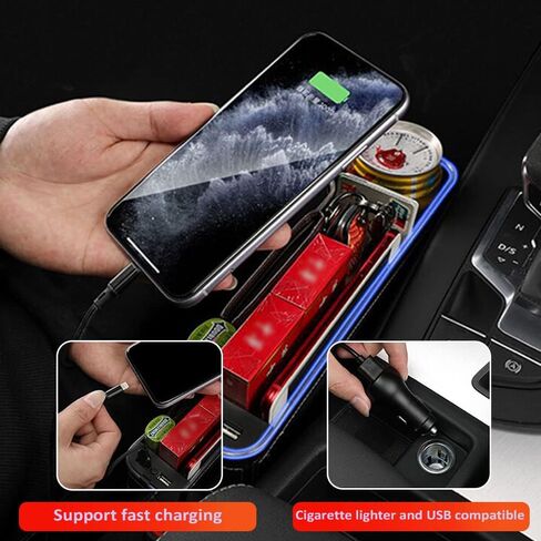 صندوق تخزين منظم لحشو فجوات مقعد السيارة العالمي من قطعتين لمنظم فجوات مقعد السيارة الأمامي مع ولاعة سجائر وشاحن USB وجيوب مقعد السيارة مع ضوء LED (بيج) in Kuwait