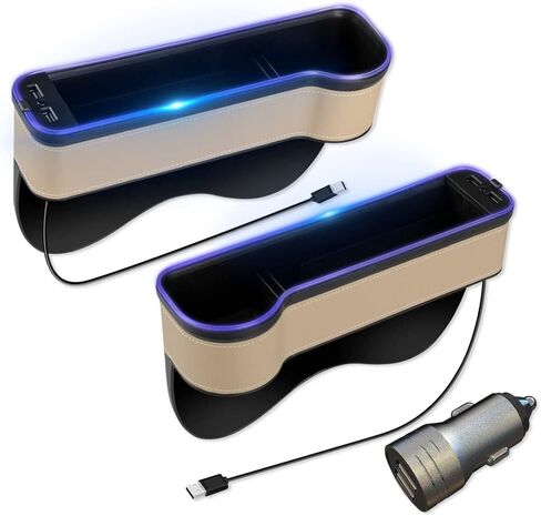 صندوق تخزين منظم لحشو فجوات مقعد السيارة العالمي من قطعتين لمنظم فجوات مقعد السيارة الأمامي مع ولاعة سجائر وشاحن USB وجيوب مقعد السيارة مع ضوء LED (بيج) in Kuwait