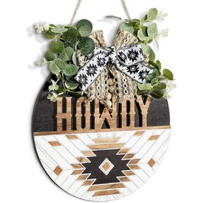 Putuo Decor Aztec Geometric Welcome Sign - 12-Inch Round Wooden Wreath for Front Door, Outdoor Wall Hanging, Perfect for Farmhouse, Porch, All Seasons and Holidays