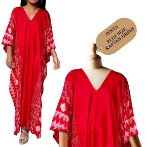 Plus Size Kaftan Dresses for Women, Caftans for Women Loungewear - Handmade Women's Fashion, Mothers Day Gifts for Mom, Silk-Screened Maxi Dress for Beach & Night Out - 50 in., Red w/Pattern