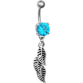 Forbidden Body Jewelry Surgical Steel Aqua Jeweled Solitaire Crystal Dangle Feathers Belly Button Ring