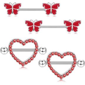 2 Pairs 14G Nipple Rings for Women 316L Stainless Steel Heart,Butterfly Nipple Barbell CZ Nipple Rings Set Nipplerings Piercing Jewelry