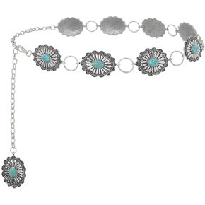 Vintage Western Concho Belt Silver Cowgirl Turquoise Waist Chain Adjustable Metal Pendant Body Chains Jewelry Accessories for Women and Girls