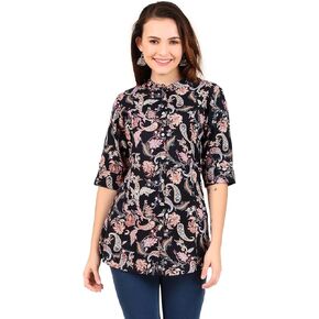 ladyline Casual Rayon Printed Tunic Top Blouse for Womens Stand Collar Button Down Roll-Up Sleeves Short Kurti Ethnic