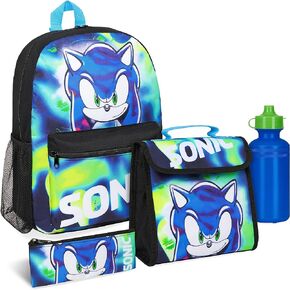 Sonic The Hedgehog Sonic Backpack and Lunch Box Set, Boys Backpacks Includes BPA Free 500ml Kids Water Bottle & Pencil Case, Kids Backpack 4 Piece Set for School or Travel, 14.9" x 11.4" x 3.9"