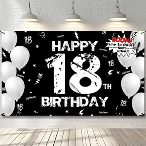 18th Birthday Decoration for Men Women, Fabric Happy 18th Birthday Backdrop Banner Black White, 18 Year Old Birthday Party Yard Sign Photo Booth Props Decor Supplies for Boys Girls