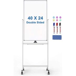 Rolling Whiteboard 40 x 24 inches Double Sided Standing Whiteboard on Wheels, Mobile Magnetic Dry Erase Board Easel Stand Whiteboard for Home Office Classroom