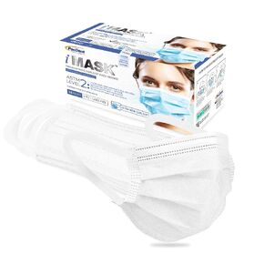 MASKT-02-A iMask Level 2 Premium Wide Earloop يمكن التخلص منه 3 طبقات قناع وجه مريح للغاية، ملفوف بشكل فردي، أزرق، عبوة من 50 قطعة