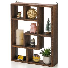 WUWEOT Wood Shadow Box, 15" x 12" Cubes Display Shelf, Freestanding & Wall Mountable Floating Shelves, 7-Compartment Knickknack Display Organizer
