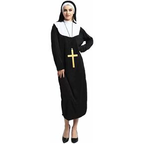 Halloween Nun Costume for Women Cosplay Costume Dress Outfit for Role Play with Nun Hat&White Collar& Cross Pendant