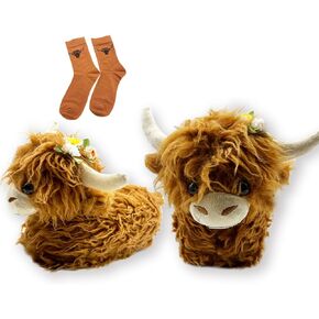 Highland Cow Cartoon Plush Slippers, Fluffy Scottish Cattle Slipper for Women and Men, Fuzzy Animals Cow House Shoes Valentines Gifts