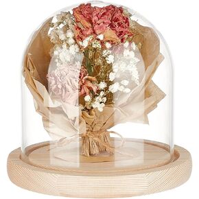 BENECREAT 5x5 Inch Blanched Almond Glass Dome Cloche Wooden Display Dome, Clear Glass Cloche Bell Jar for DIY Flower Craft, Christmas Decorations