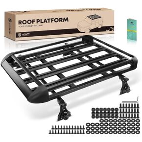 YHTAUTO 50" x 38" 165 LBS Universal Roof Rack Cargo Carrier + 52" Cross Bars Fit Car SUV Pick Up Trucks Aluminum Roof Rack Basket Anti-Rust for Skiboard Kayak Bike Snowboard Rooftop Cargo Luggage
