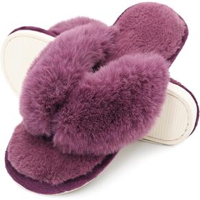 Onmygogo Plush Indoor Flip Flop Thong Slippers for Women Open Toe, Fuzzy Faux Fur Spa House Slippers