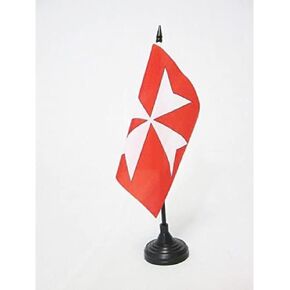 AZ FLAG Cross Order of Malta Table Flag 5'' x 5'' - St John of Jerusalem Desk Flag 15 x 15 cm - Black Plastic Stick and Base