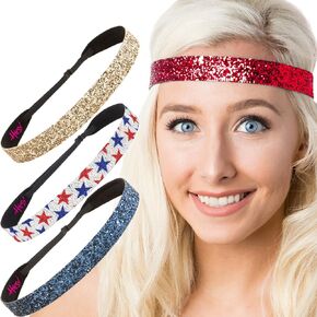 Hipsy Adjustable American Flag 4th of July Headbands for Women Girls & Teens (2pk American Flag & Navy Bling Glitter)