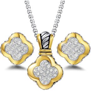 UNY JEWEL Jewelry Two Tone Clover Pave Stone Women Pendant Necklace French Clip Earring Jewelry Set