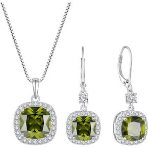 Princess Cut Jewelry Set for Women 925 Sterling Silver Peridot August Birthstone Necklace Halo Dangle Drop Leverback Earrings Jewelry Gifts for Her