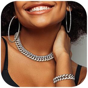 FINREZIO Cuban Link Chain Set for Women Silver Gold Thick Cuban Chain Necklace Bracelet Rhinestone Earrings Bling Clustered Heart Round Cuban Link Necklace Bracelet Hip Hop Jewelry