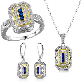 Newshe Vintage Rings for Women + 925 Sterling Silver Gemstone Dangle Drop Earrings + Blue Sapphire Pendant Necklace Princess Cz Size 7