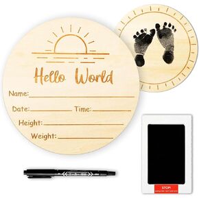 Baby Announcement Sign, 5.9" Wooden Hello World Newborn Sign with Marker Pen, Ink Pad for Baby Hand Footprints, 2 Sided Boho Sun Baby Name Announcement Sign for Nursery Hospital Baby Shower Keepsake