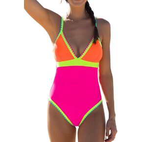 popvil Neon Color Block One Piece Bathing Suit for Women Tummy Control V Neck Swimsuit Plunge Shell Trim Swimwear Tie Back