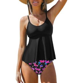 CUPSHE Women's Tankini Sets Two Piece Swimsuit Scoop Neck Mid Rise Adjustable Straps Ruffled Hem
