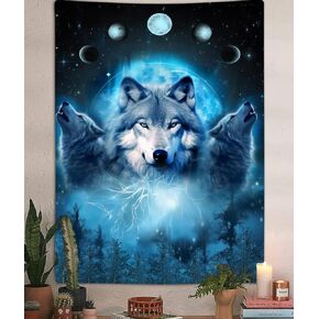 VEIGIKE Cool Wolf Moon Tapestry, Blue Galaxy Moon Phase Forest Wall Hanging for Men Teen Boys Girls Bedroom Aesthetic, Fantasy Animals Vertical Tapestries Poster Blanket College Dorm Decor (30X40)
