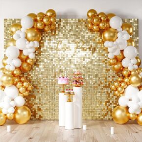 Light Gold Shimmer Wall Backdrop, 48PCS Square Sequin Shimmer Backdrop Panel, Photo Backdrops for Birthday, Anniversary, Wedding, Graduation & Bachelorette Party Decoration