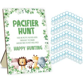 Cute Animals Pacifier Hunt Game for Baby Shower, Funny Baby Shower Pacifier Hunt Games, Include Baby Pacifier Hunt Wooden Sign Board and 50 Blue Acrylic Baby Pacifiers, Baby Shower Game Set