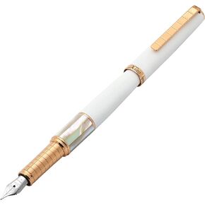 Xezo Speed Master Fountain Pen, Fine Nib. Matte White Color with White Mother of Pearl. Rose Gold Plated. Lightweight Brass Body. No Two Alike. Etched With a Serial Number