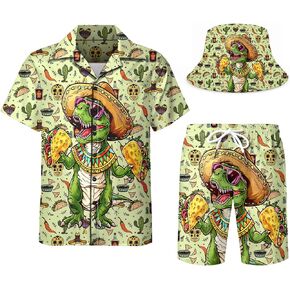 DOOPCCOR Men's 3 Piece Tracksuit Cuban Collared funny Hawaiian Shirt Shorts Button Down Sets With Bucket Hats