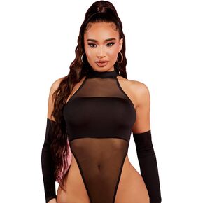 GORGLITTER Women's Sexy Mesh See Through Bodysuit with Sleeves Mock Neck High Cut Leotard Top