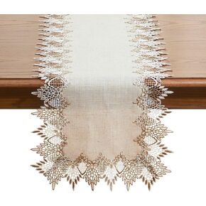 Natural Linen Table Runner 36 inches Neutral Earth Tones Beige Lace Coffee Table Runners Dresser Scarf for Spring Easter Summer Kitchen Wedding Party, Machine Washable
