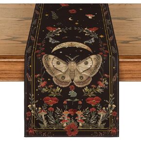 Artoid Mode Poppy Moth Mushroom Moon Fall Table Runner, Seasonal Autumn Kitchen Dining Table Decoration for Home Party Decor 13x36 Inch