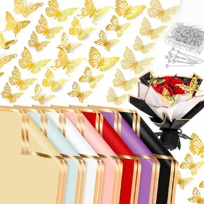 Yeaqee 70 Sheets Wrapping Flower Paper Bulk Waterproof Gold Edge Wrapping Bouquet Paper with Bouquet Pin Ribbons Butterfly Decoration for Graduation Bouquets DIY Crafts Gift Packaging(Bright)