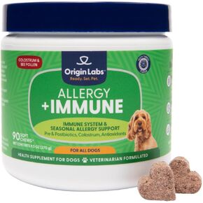 Allergy and Immune Support Supplement, Omega 3 Fish Oil, Bee Pollen, Colostrum, Probiotics, Prebiotics for Gut Health, Skin and Coat Health, Antioxidants, Turkey Flavor, 90 Soft Chews