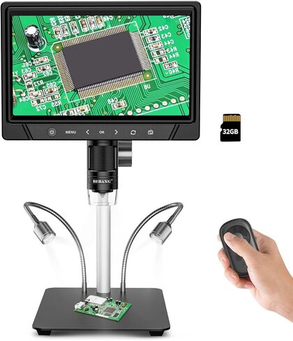 BEBANG 10.1 بوصة LCD مجهر رقمي 1200x للبالغين، مكبر مجهر عملة 3024P، مجهر لحام 12 ميجابكسل مع عرض الكمبيوتر الشخصي، متوافق مع نظام التشغيل MacOS Windows، بطاقة SD سعة 32 جيجابايت (أسود) in Kuwait